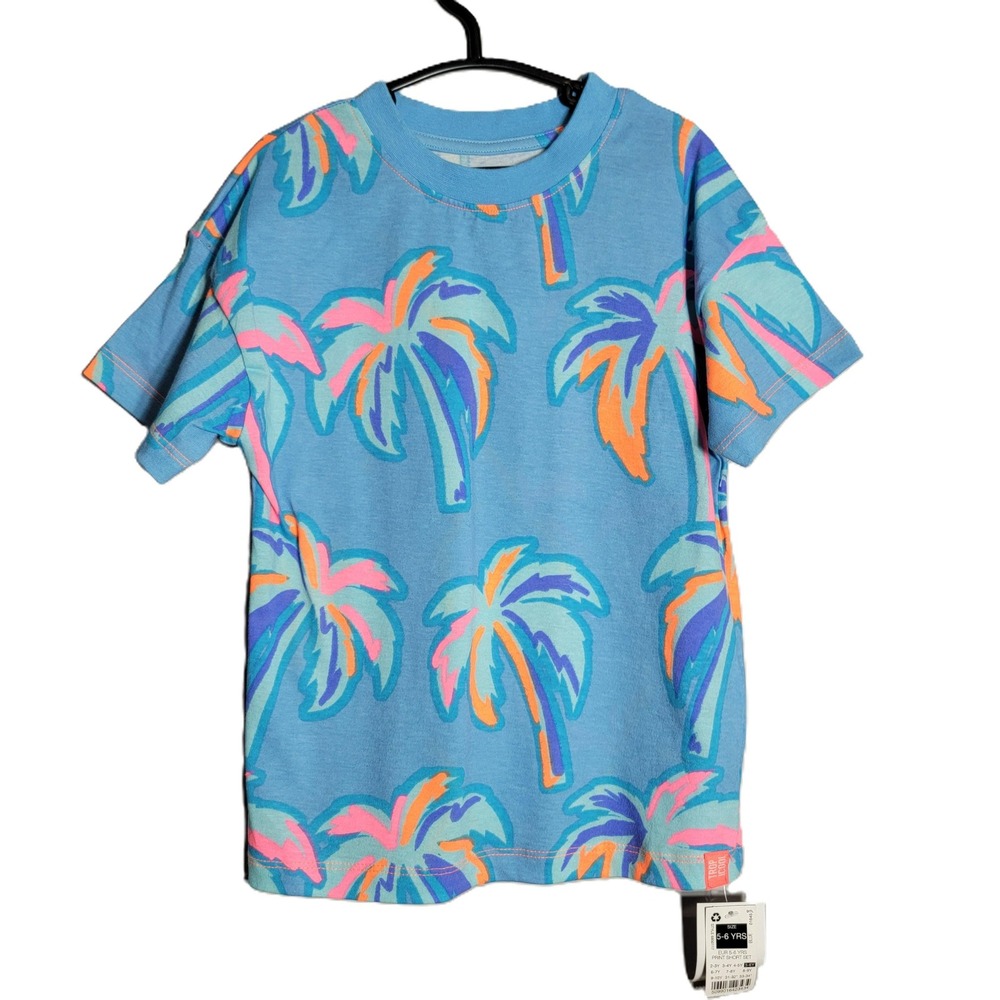 Dunnes Trop‎ Icool Kids Blue Tropical Palm Tree T Shirt Size 5/6 Yrs Cotton NWT